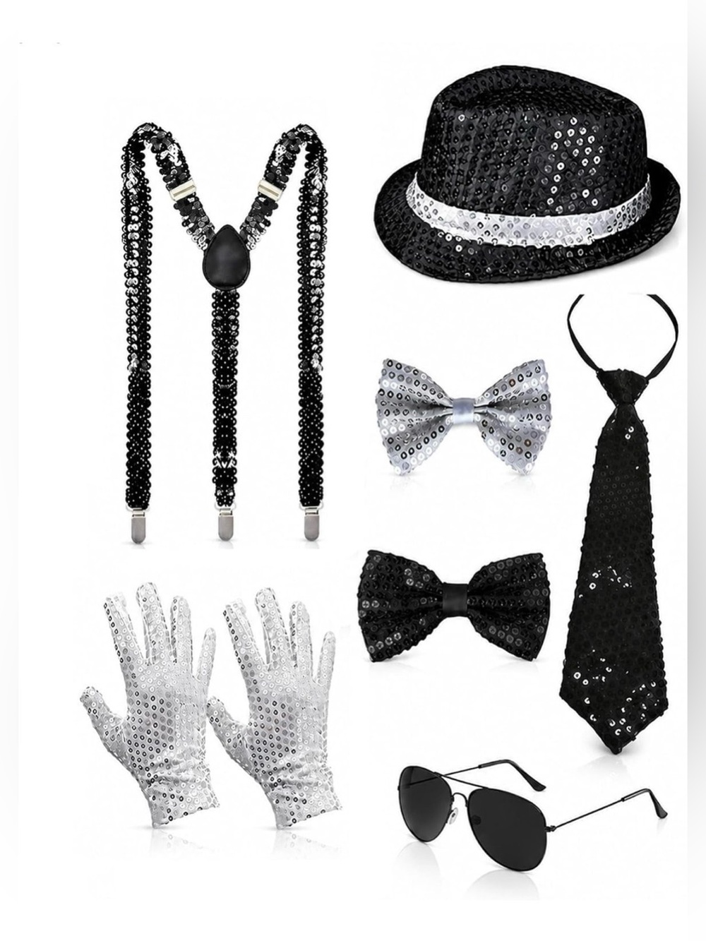 Men's Black & Silver Sequin Accessory Set - Classic Party Pack
